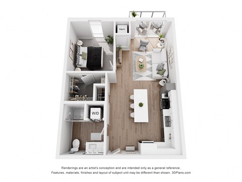 Floor plan for 1 bed, 1 bath, 723 sqft